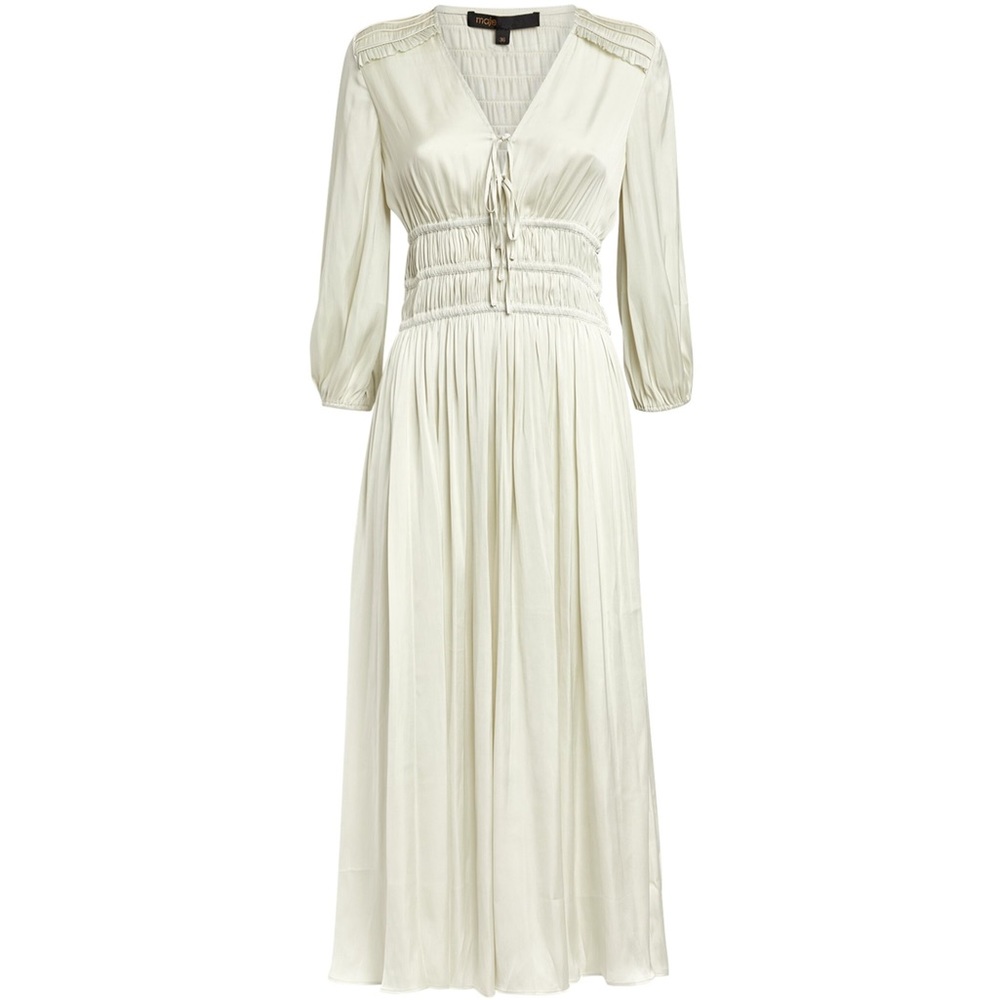 Maje Rinca Fit and Flare pale sage green satin balloon sleeve midi dress size 6